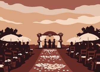 Elegant outdoor wedding ceremony with guests seated under umbrellas, beautiful floral aisle