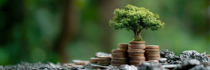 Tree atop coin stacks, outdoors on stones with green out-of-focus background