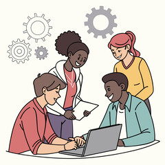 Diverse team collaborating on a project with laptop isolated on white background