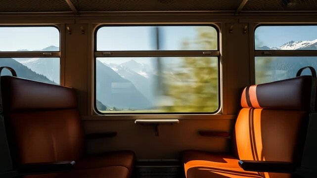 Train interior with panoramic views of snowy mountain peaks through large windows offering passengers comfort and a journey experience during daylight hours for travel and transportation projects