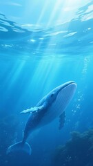 Fototapeta premium A majestic whale glides through sunlit ocean waters, surrounded by bubbles and vibrant marine life.