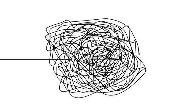 Hand drawn chaotic scribble circle animation. Black line tangle sketch in spherical motion. 4k abstract doodle animation video