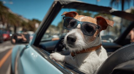 Stylish Dog in Sunglasses Enjoying a Summer Drive in Convertible Car on a Sunny Day, Capturing Fun and Adventure in a Vibrant Urban Setting
