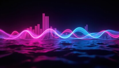 Vibrant digital sound waves in pink and blue hues reflecting on a dark background.