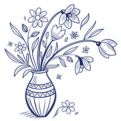 Hand drawn flower bouquet in vase isolated on white background