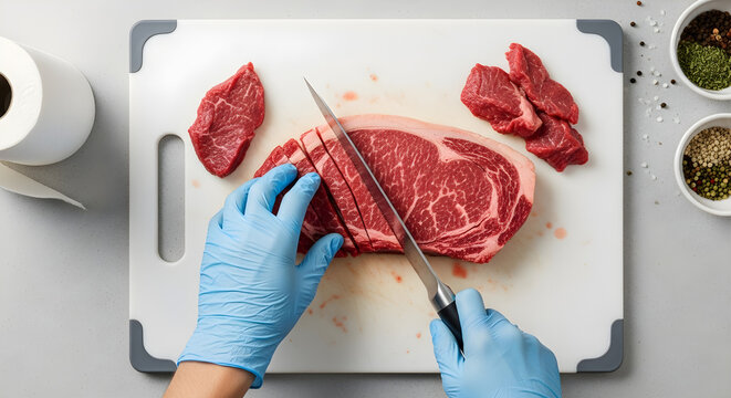 Butcher expertly slicing fresh ribeye steak for gourmet cooking in a clean kitchen, preparing delicious homemade meals with vibrant red meat for discerning food lovers