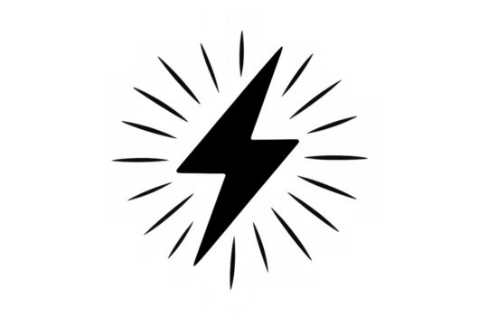 Sleek black thunderbolt radiating stylized sunburst rays, symbolizing electrical power and dynamic energy against transparent backdrop