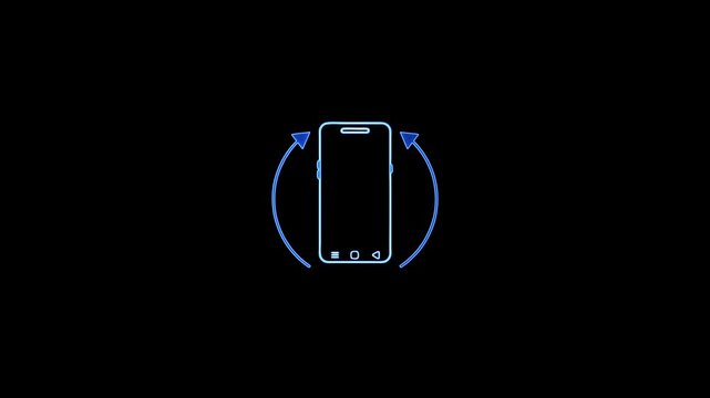 Stylized blue neon vector showing a phone with circular rotation arrows. Ideal for onboarding screens, futuristic designs, motion alerts, or screen orientation notices in apps.