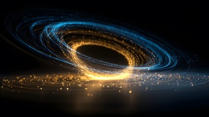 Artistic render of glowing energy swirl, vivid blue and gold arcs in motion over a dark base
