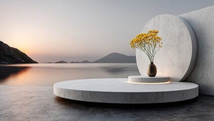 Coastal minimalist scene with round podiums and yellow flowers