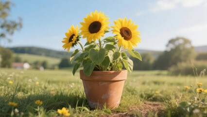 Obraz premium Potted Sunflowers in a Lush Green Field