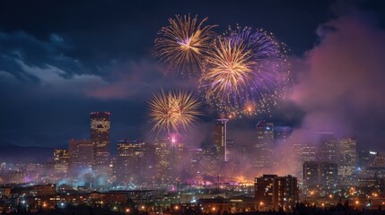Fototapeta premium Vibrant Fireworks Illuminate City Skyline Under Night Sky with Colorful Displays and Clouds Welcoming New Year Celebration and Festive Atmosphere