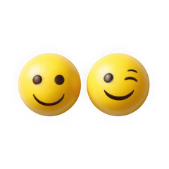 Fototapeta premium Two yellow emoji balls displaying a happy smiling face and a playful winking expression isolated on transparent background