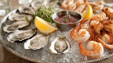 Fresh Seafood Platter with Oysters, Shrimp, Lemon, and Cocktail Sauce on Ice for Culinary Delights and Gourmet Dining Experiences
