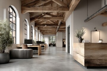 Modern rustic office hallway with exposed beams and a reception desk