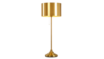 Elegant gold floor lamp with a cylindrical shade illuminates a modern interior space, available on transparent background