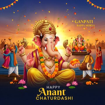 Lord ganesha seated in meditation with festive decorations and devotees celebrating anant chaturdashi festival