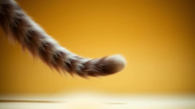 A furry tail hangs downward against a blurred golden background Motion is visible suggesting movement or playfulness Focus is on the tail s tip
