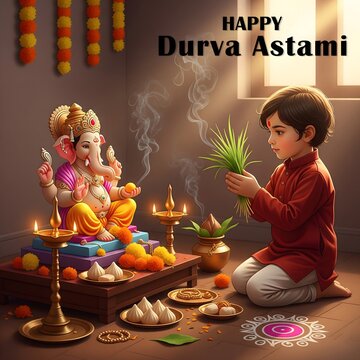 Young boy offers prayers to lord ganesha during durva ashtami festival celebration
