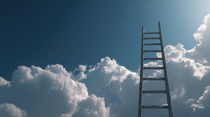 A Simple Wooden Ladder Reaching Towards Bright Blue Sky and Fluffy White Clouds in a Dreamy and Inspirational Scene of Possibilities and Aspirations