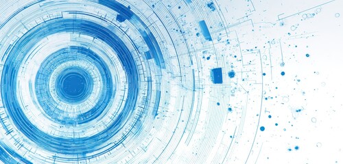 Abstract blue circles and geometric shapes on a white background creating a tech design.