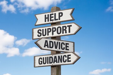 Help support advice guidance wooden signpost on blue sky, direction decision assistance, solution concept.
