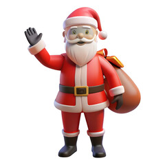 3d santa claus waving with gift bag isolated on transparent background
