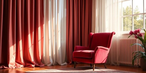 Velvet armchair nestled between flowing curtains in a sunlit room,  space,  curtains