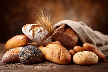 Assorted bread arrangement on rustic wood table; textured background for food ad