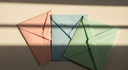 A trio of pastel-colored envelopes for correspondence, neatly arranged on a desktop and illuminated by warm, natural sunlight and shadows.