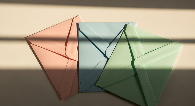 A trio of pastel-colored envelopes for correspondence, neatly arranged on a desktop and illuminated by warm, natural sunlight and shadows.