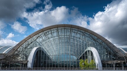 Fototapeta premium Modern Architectural Marvel of a Glass Roof Structure Surrounded by Dramatic Clouds Under a Clear Blue Sky for Urban Landscape Photography