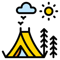 camping tent at sunny colored filled icon and illustration