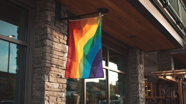 Colorful rainbow flag proudly displayed outside a modern building, symbolizing diversity, inclusivity, and support for LGBTQ+ rights and community representation.