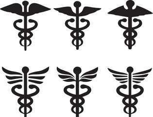 caduceus symbol set, caduceus medical silhouette vector set black and white