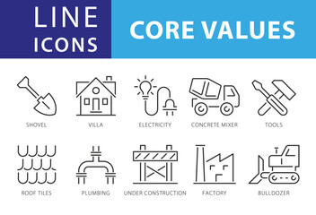 Line Icons Business People, Shovel, Villa, Roof tiles, Plumbing