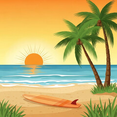 Tropical beach scene with surfboard.