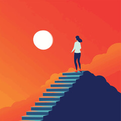 Leveling up and career development with progress stairs tiny person concept