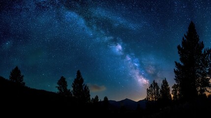 Fototapeta premium Stunning Milky Way Galaxy Over Serene Landscape at Night With Silhouetted Pine Trees and Peaceful Sky in the Background