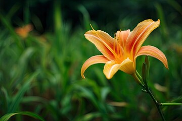 Obraz premium Tiger Lily blooming in a field of grass. Serene background. Use for gardening blog