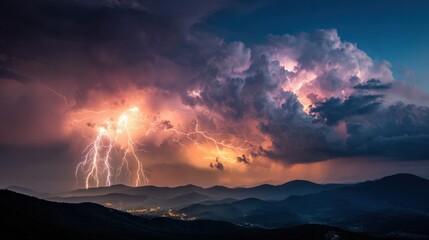 Dramatic Thunderstorm Over Mountains with Striking Lightning Illuminating the Night Sky and Colorful Clouds Reflecting Twilight Shades
