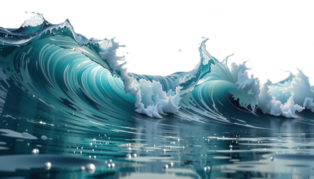 A stunning depiction of dynamic ocean waves, showcasing their vibrant turquoise hues and foamy crests against a dark background. - Powered by Adobe