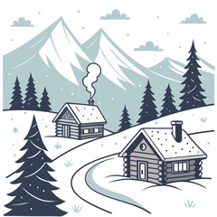 "Winter landscape with tiny wooden cabins, mountains and snowfall, flat vector style, ideal for greeting cards or packaging"
