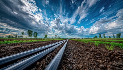 Agricultural field with irrigation pipes under a dramatic sky