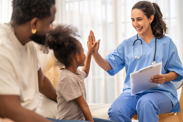 African girl high five with doctor after recovery, happy child leaving hospital healthy, pediatric care success, flu treatment completed, positive experience in children hospital, health insurance