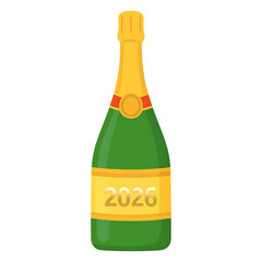 A green champagne bottle with a golden label displaying the year 2026 isolated on transparent background. Happy new year 2026 clipart.