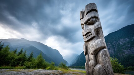 Carved wooden totem pole in mountain valley