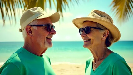 Portrait of a senior couple relaxing by the sea at sunset .Concept of love, aging, togetherness, and retirement lifestyle.