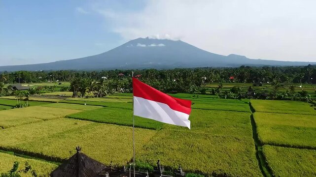 Indonesian flag waving over rice fields with Mount Agung in Bali