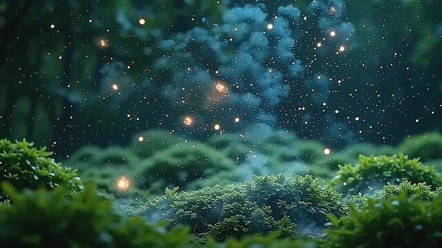 The explode cosmic dust space gently expands over a lush green background, scattering glowing particles that mimic distant stars in a calm yet vibrant cosmic display.
